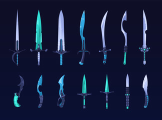 Fantasy sword weapon. Battle competition set of medieval blade knife sabre rapier dagger, cartoon warrior rpg asset elements. Vector collection