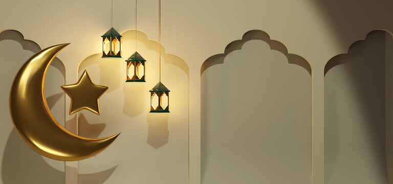 Horizontal 3d render golden crescent and star with lanterns near arc on background. Turkish and arabian decoration for website banner or greeting card for Ramadan Kareem celebration
