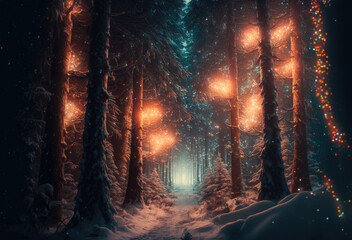 Naklejka premium Fairy forest in winter snow with magical lights. Ai generated art