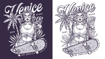 Beach girl skateboarder monochrome flyer © DGIM studio
