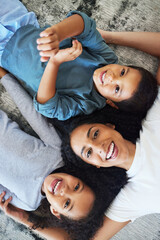 Family, mother and children relax together at home, love and care in portrait with motherhood and happiness. Freedom, happy people and bonding, black woman and kids smile with childhood top view