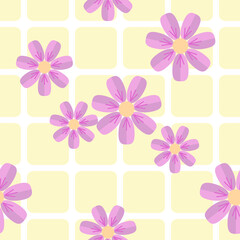 Seamless floral pattern. Sakura Pink Flowers On Yellow Squares. 