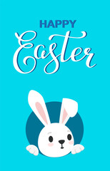 Card with calligraphy text Happy Easter and cute bunny looks out of a hole