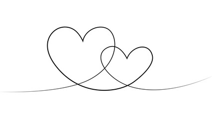 Two hearts are drawn with line. Continuous one line drawing of two hearts on white background. Hearts as a symbol of love
