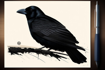 Obraz premium raven on a branch inked with pencil