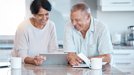 Happy senior couple, tablet and debt research of elderly people in retirement looking at budget....