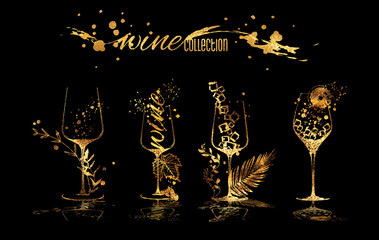Wine collection - wine glasses and bottles. Hand drawn elements for invitation cards, advertising banners, menus in gold style. Wine glasses with splashing wine. Sketch vector illustration.