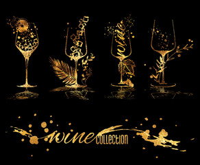 Wine collection - wine glasses and bottles. Hand drawn elements for invitation cards, advertising banners, menus in rosegold style. Wine glasses with splashing wine. Sketch vector illustration.