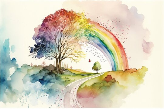 Watercolour spring with rainbow, concept of Vibrant Colors and Floral Bouquet, created with Generative AI technology
