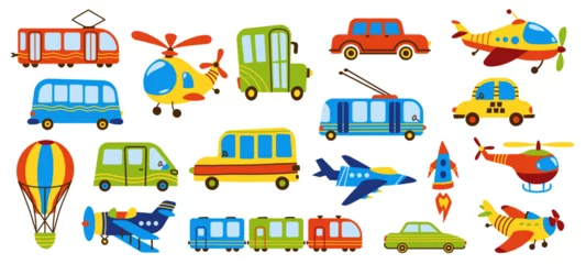 Rolgordijnen Childish transport. Cute cartoon train taxi car plane blimp hot air balloon, set of funny flat road vehicle toys doodle style. Vector isolated collection © Tartila