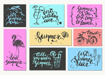 Summer card set with hand drawn sketches and lettering