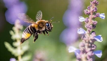  a bee flying over a purple flower in a field of lavenders and bluebells in the foreground, with a blurry background of bluebells in the foreground.  generative ai