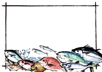 手描きの魚集合イラストフレーム