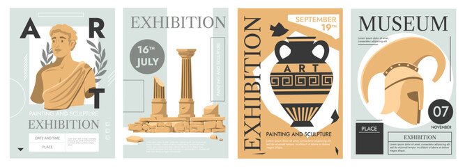 Antique exhibition posters. Contemporary museum flyer design with ancient ruins and greek sculptures for event invitation, magazine or cover. Vector set