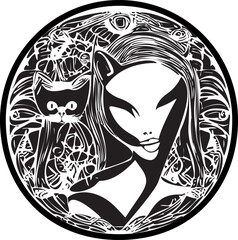 An alien girl with an alien cat in space with black lines on a white background