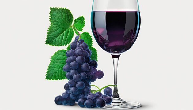  a glass of wine and a bunch of grapes on a white background with a green leaf on the side of the glass and a branch of grapes on the other side of the glass.  generative ai
