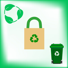 Set of recycling signs. Shopping bag. Garbage container. Design for a healthy lifestyle. Green leaves and arrows in a circle. Vector graphics illustration.