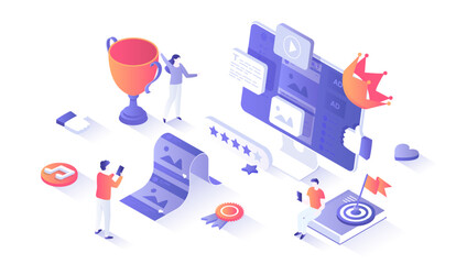 High Quality Content. Content marketing and optimization. Adding photos, videos, posts to the website, blog or social network. Isometry illustration with people scene for web graphic.