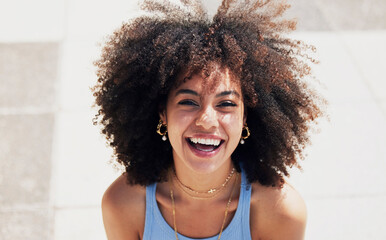 Black woman, happy in portrait with fashion and beauty outdoor, street style with natural hair,...