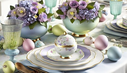  a table set with a teacup, saucer, plate, and vases with flowers in them and other items around it on the table.  generative ai