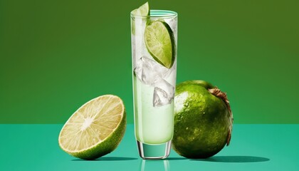  a glass of limeade next to two limes on a green surface with a lime wedge in the middle of the glass and a lime wedge in the middle of the glass.  generative ai