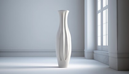  a tall white vase sitting in a room next to a window with sunlight coming through the window panes on the wall and floor below.  generative ai
