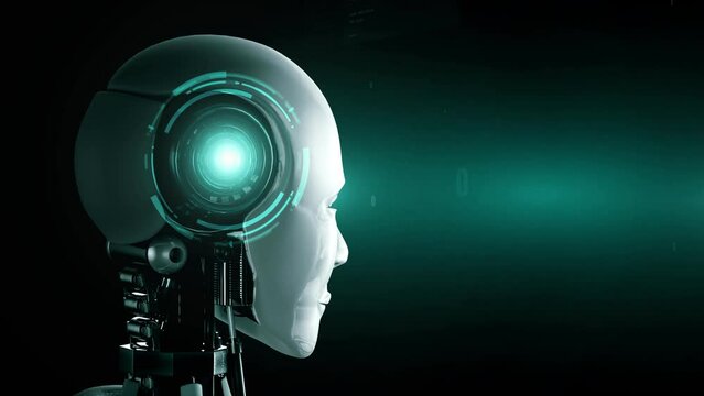 Futuristic robot artificial intelligence huminoid AI programming coding technology development and machine learning concept. Robotic bionic science research for future of human life. 3D rendering.