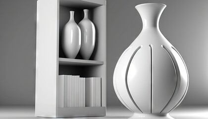 Fototapeta premium a white vase sitting next to a book shelf filled with books and a white bookcase with two white vases on top of it. generative ai