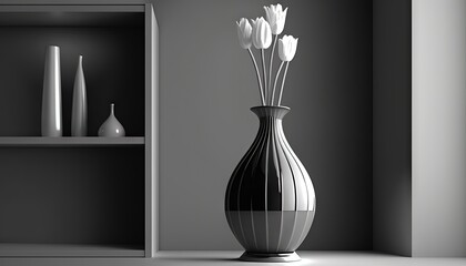  a black and white photo of a vase with flowers in it and a shelf with vases behind it and a shelf with vases behind it.  generative ai