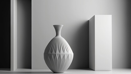  a white vase sitting on top of a table next to a white box and a white column on the floor in a room with white walls.  generative ai