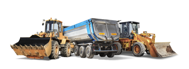 Mining dump truck and two bulldozer loader close-up on a white isolated background.Construction equipment for earthworks. element for design. Rental of construction equipment.