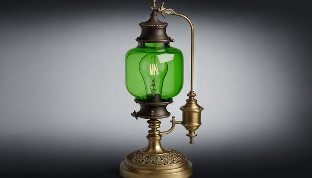  a green glass lamp with a brass base on a black background with a light bulb on the top of the lamp and a brass base on the bottom of the lamp.  generative ai