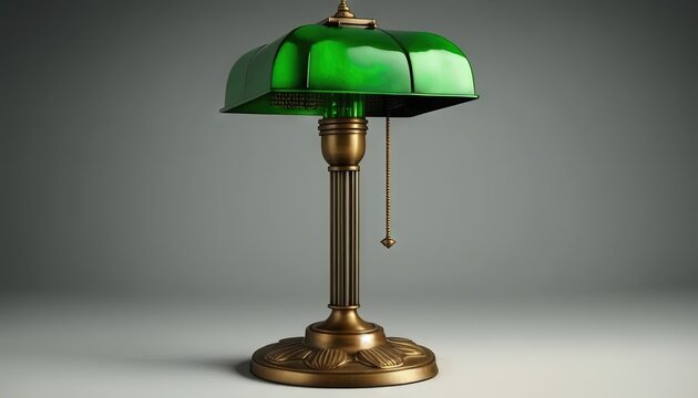  a green lamp with a chain hanging from it's arm and a green shade on the top of it's head, on a gray background.  generative ai