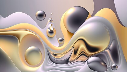  a computer generated image of liquid and bubbles in gold, silver, and white colors with a gray background and a black and white background.  generative ai