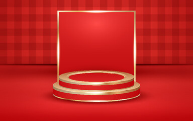 Red Checkered Valentine's Day Background with Podium and Golden Light