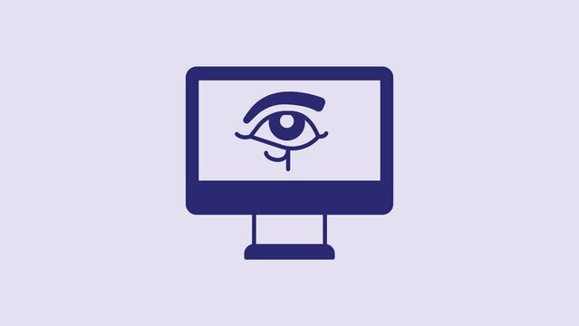 Blue Eye of Horus on monitor icon isolated on purple background. Ancient Egyptian goddess Wedjet symbol of protection, royal power and good health. 4K Video motion graphic animation