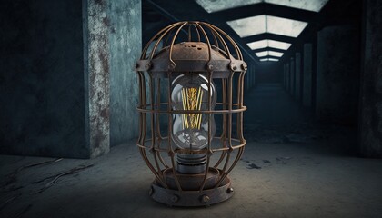  a light bulb inside of a cage in a dark room with a light bulb in the middle of the cage and a light bulb in the middle of the cage.  generative ai