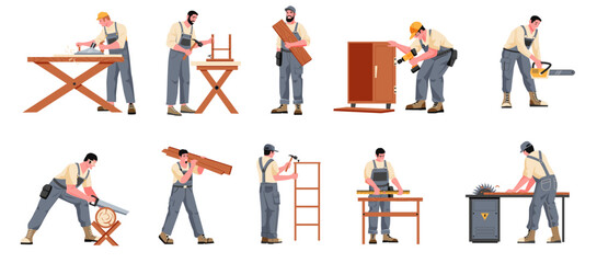 Carpenter character. Cartoon craftsman woodworking industry, joiner with instruments building wooden constructions, carpentry workshop concept. Vector set - obrazy, fototapety, plakaty