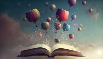  an open book with balloons floating out of it in the sky above it, with a sky background and a sky filled with clouds and a sky full of balloons.  generative ai