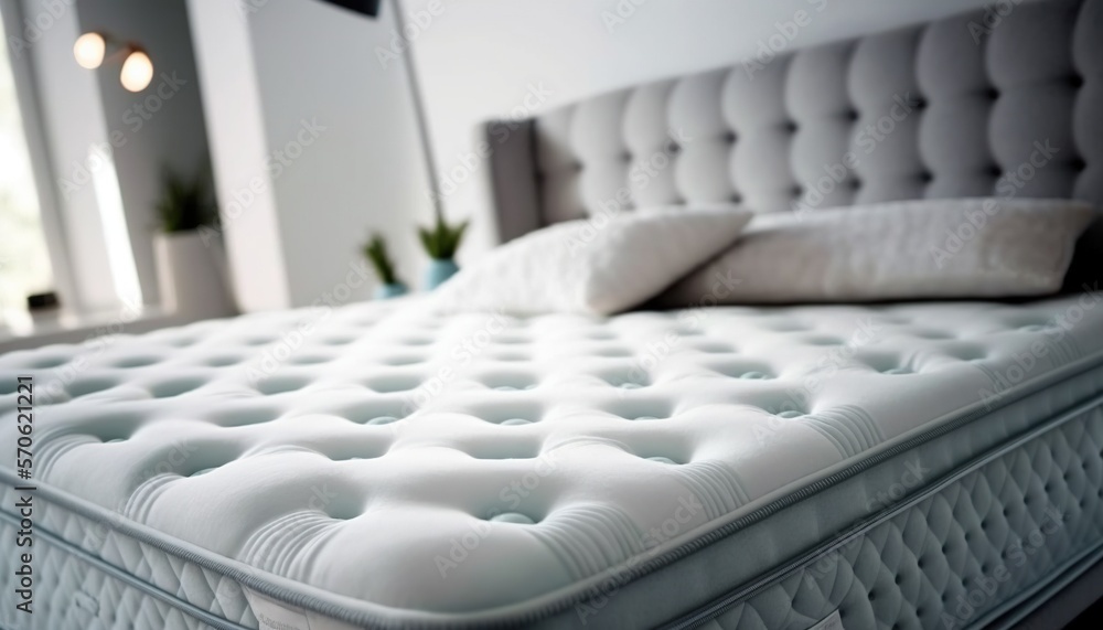 Canvas Prints  a bed with a white mattress and a white pillow on it's headboard and a mirror in the background with a plant in the foreground.  generative ai