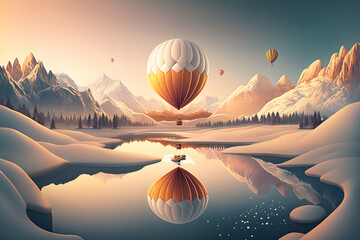 Winter landscape with hot balloon air, generative ai