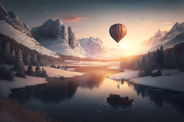 Hot air balloons, over the lake, winter landscape with sunrise, generative ai.