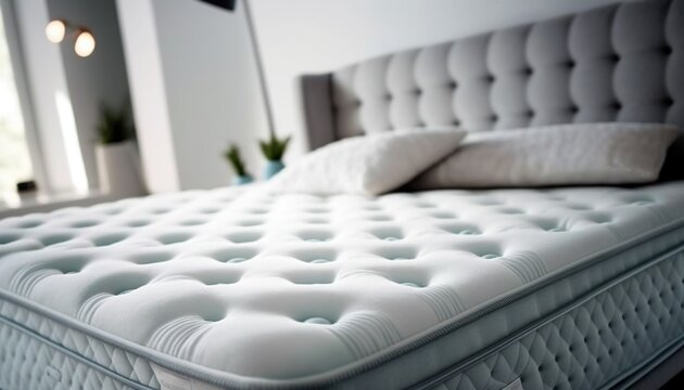  a bed with a white mattress and a white pillow on it's headboard and a mirror in the background with a plant in the foreground.  generative ai
