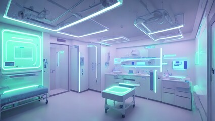 futuristic interior clean modern medical room with neon light, generative art by A.I.
