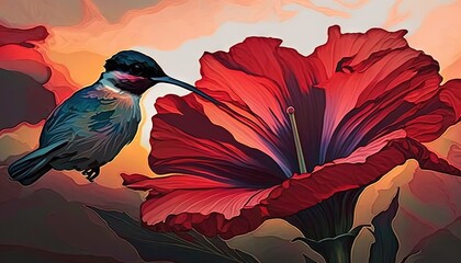  a painting of a hummingbird sitting on a flower with a sunset in the back ground behind it and clouds in the sky behind it.  generative ai