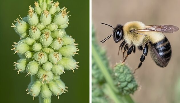  two pictures of a bee on a flower and a picture of a bee on a plant with pollen on the top of the flower and a bee on the bottom of the flower.  generative ai