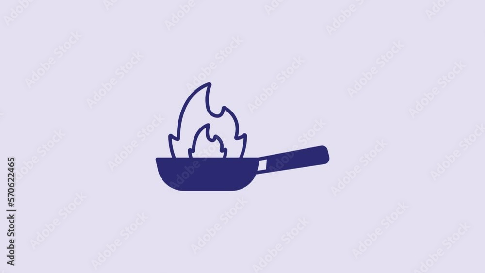 Poster blue pan with fire icon isolated on purple background. 4k video motion graphic animation