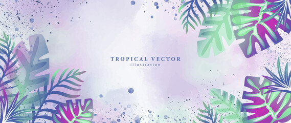 Fototapeta na wymiar Bright tropical vector illustration with monstera leaves, palm leaves, banana leaves for decor, wallpapers, covers