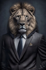 Portrait of a lion dressed in a blue business suit, generative ai