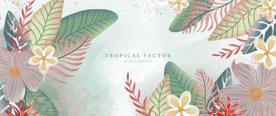 Bright tropical vector illustration with flowers, palm leaves, monstera leaves for decor, cards, covers and backgrounds